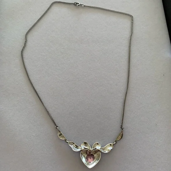 Vintage 925 Sterling Silver Antique Style Heart Pink Gem Marcasite Necklace 18” - Picture 5 of 7